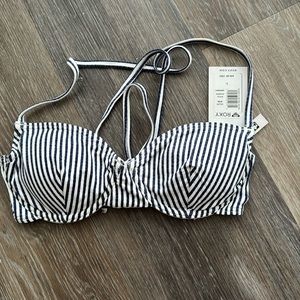 NWT Roxy navy blue white striped underwire swim bikini top pushup vintage  L